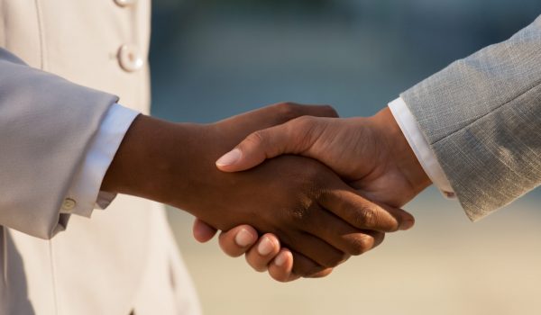 Dark skinned businesswoman shaking hands with male colleague. Closeup of business people handshake. Agreement concept